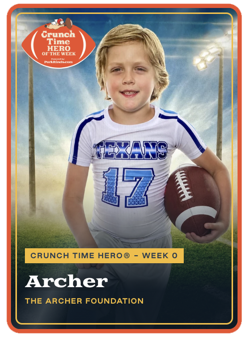 Archer Hill featured as the Week 0 Crunch Time Hero of the Week, wearing a Texans number 17 football jersey and holding a football.