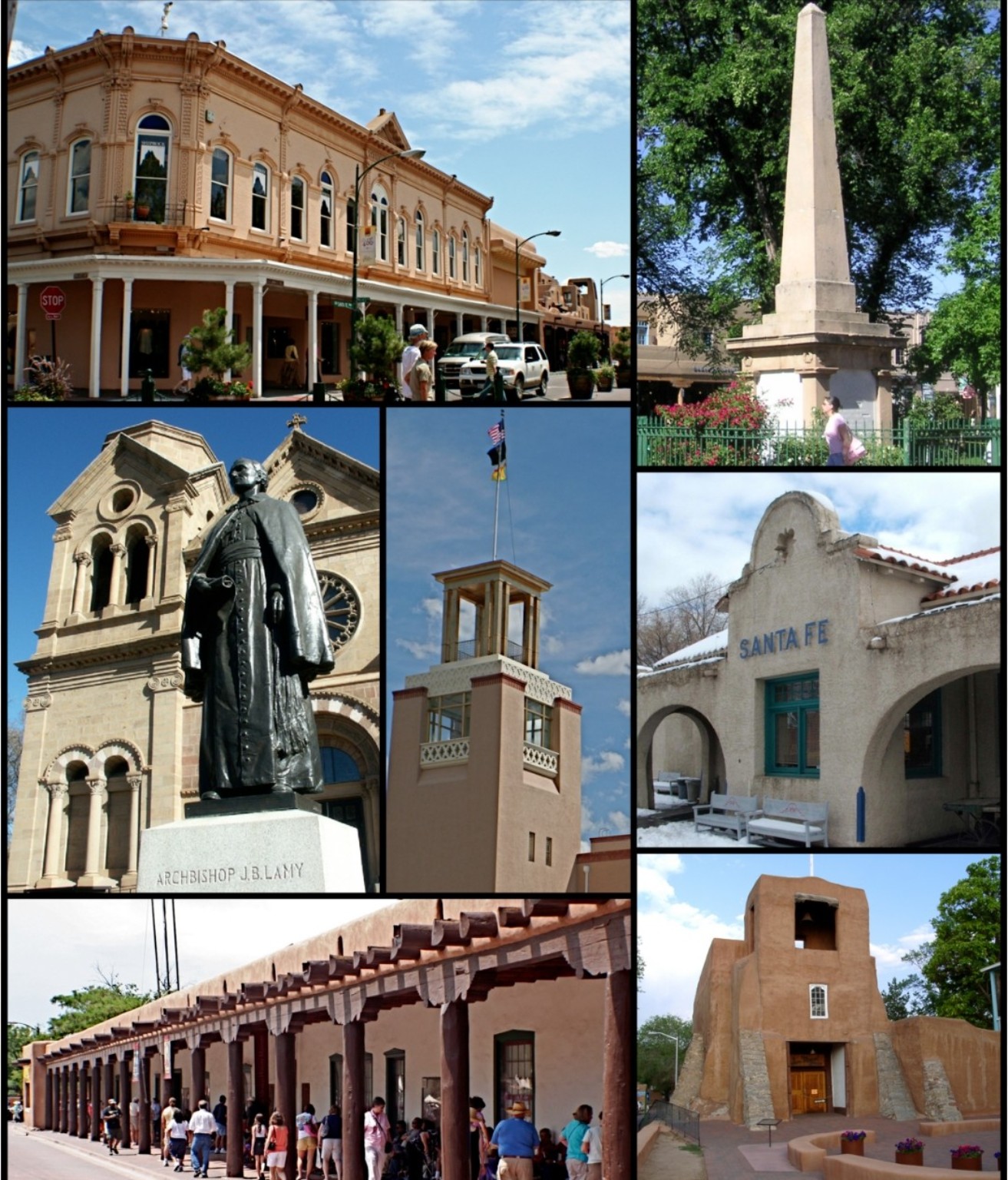 Montage of Santa Fe landmarks including historic downtown buildings, the Cathedral Basilica, an obelisk, and adobe architecture.