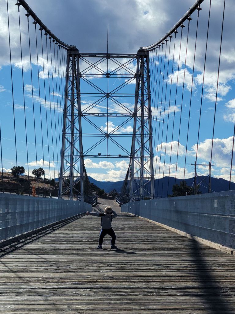 Wooden suspension bridge framed by steel towers