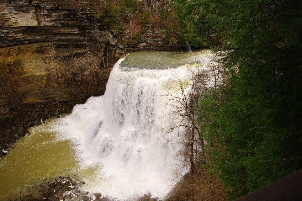 Burgess Falls cascading over a rocky ledge in Tennessee.